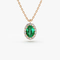 14k Solid Gold Oval Cut Emerald 0.48 CTW and Round Diamond 0.15 CTW Halo Pendant Necklace Prong Setting