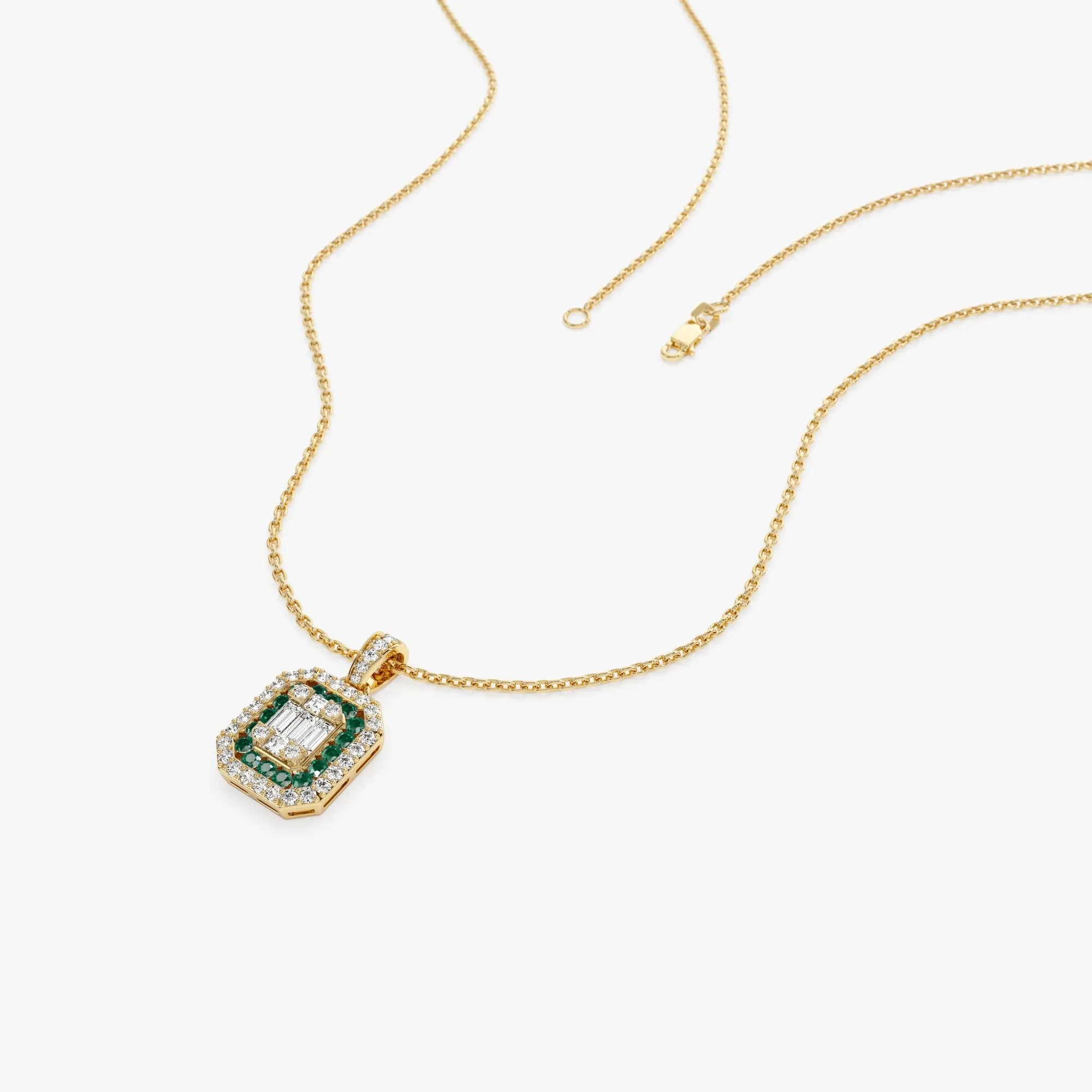 14k Solid Gold Baguette and Round Diamond 0.30 CTW and Emerald 0.20 CTW Halo Pendant Necklace