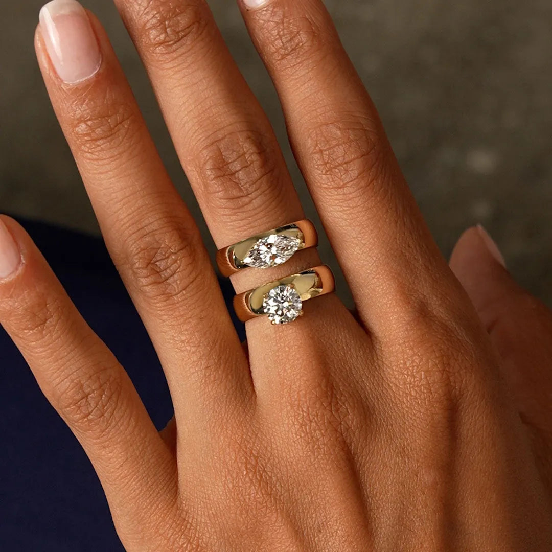 14k Gold 1.00 Carat Lab Grown Diamond Marquise Solitaire Wide Band Ring Solara