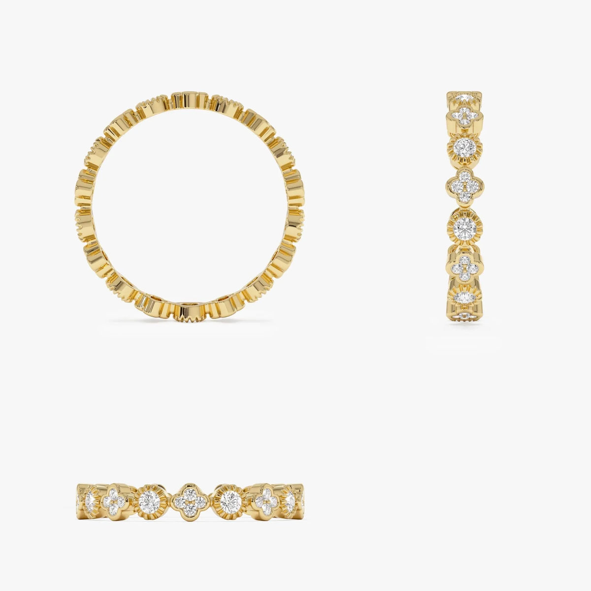 14k Gold 0.38ctw Round Diamond Bezel Set Clover Eternity Ring