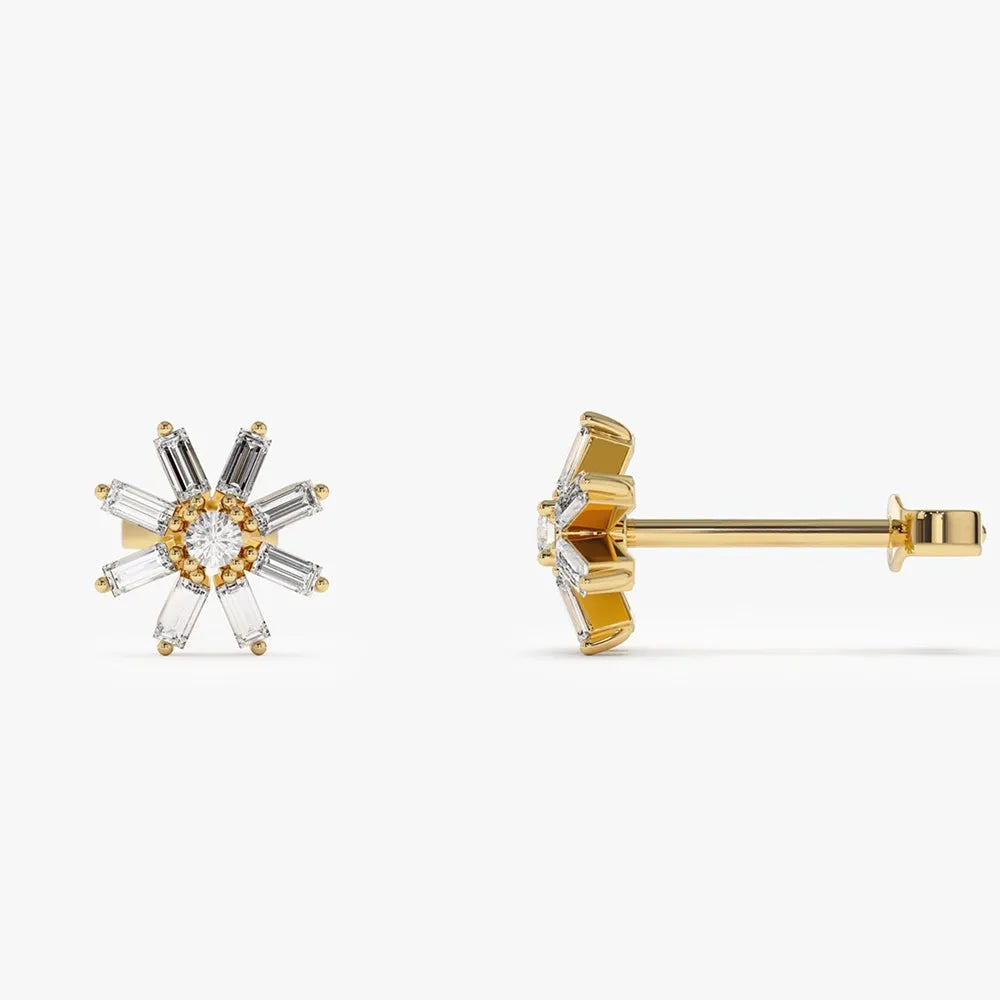14k Gold Diamond Baguette and Round Cut Floral Stud Earrings 0.45 ctw