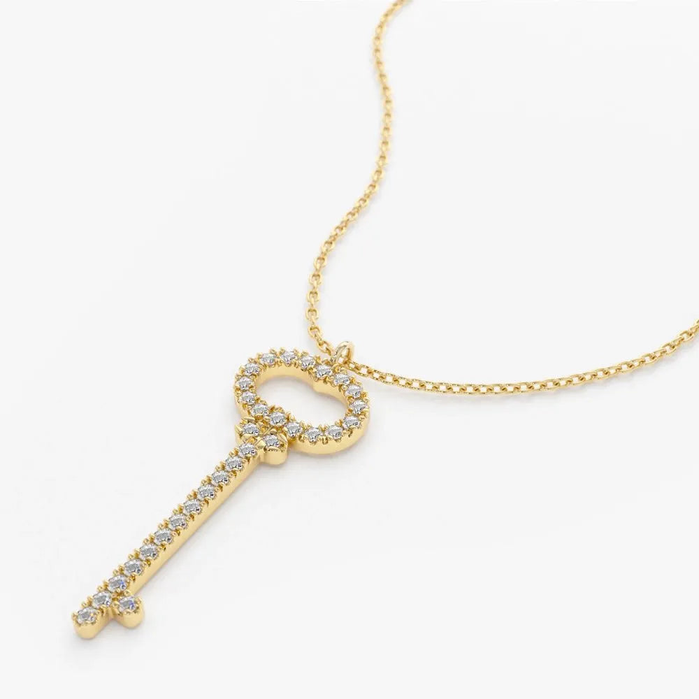 14K Solid Gold Round Diamond Micro Pave Key Charm Pendant Necklace 0.20ctw