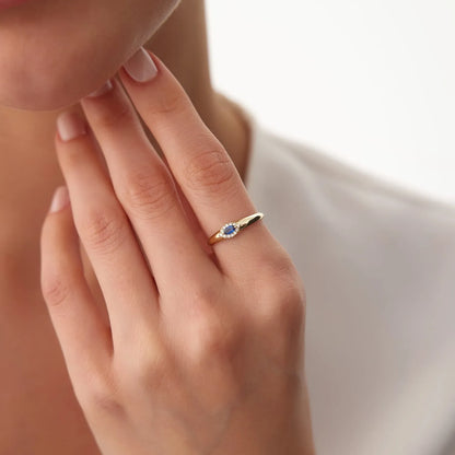 14k Gold Sapphire and Diamond Marquise and Round Cut Halo Ring 0.19 ctw