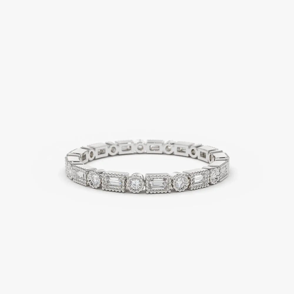 14K Gold 0.50 Carat Baguette and Round Diamond Milgrain Bezel Full Eternity Ring