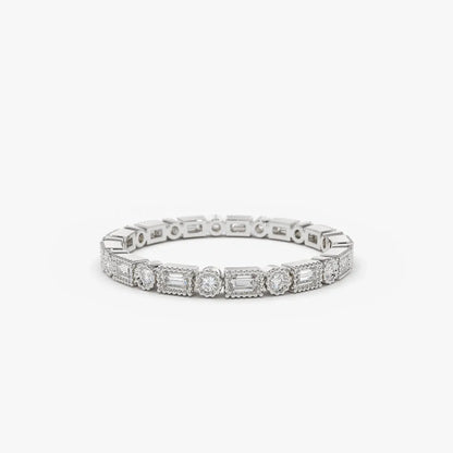14K Gold 0.50 Carat Baguette and Round Diamond Milgrain Bezel Full Eternity Ring