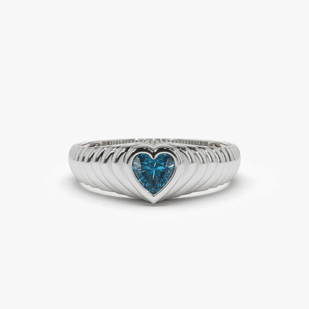 14K Solid Gold Heart Shape Blue Topaz 0.45 Carat Dome Beveled Ring