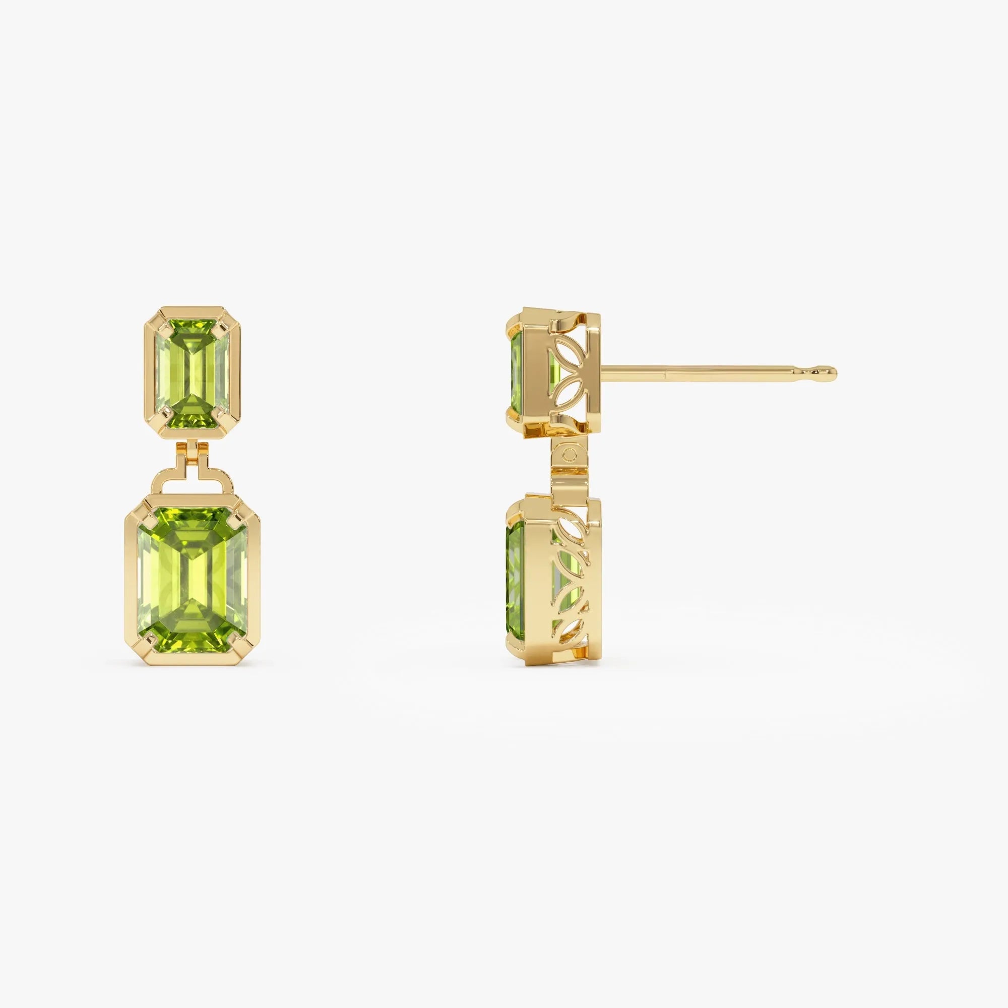 14K Solid Gold Octagon Cut Peridot Dangle Drop Earrings 4.50ctw