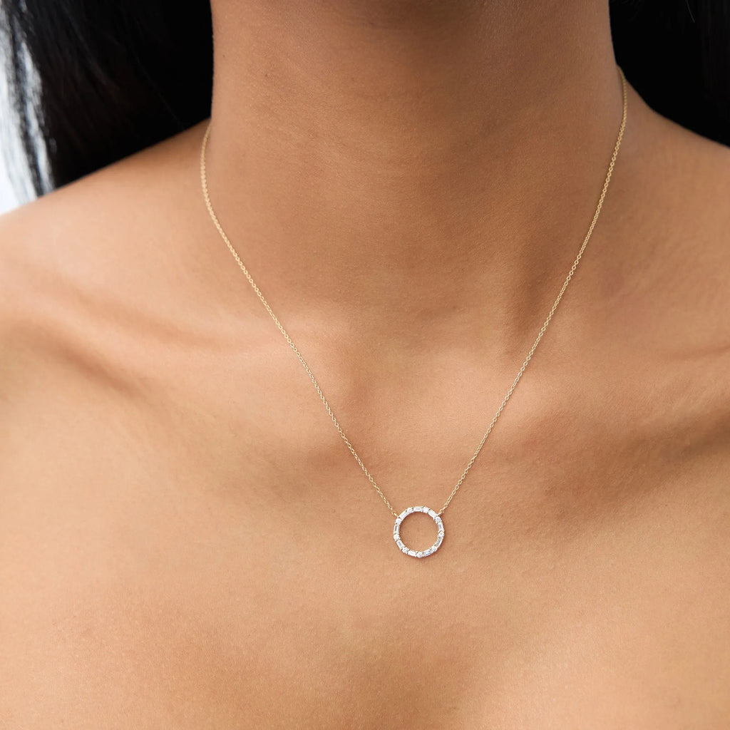 14K Solid Gold 0.30 CTW Baguette and Round Diamond Circle Necklace