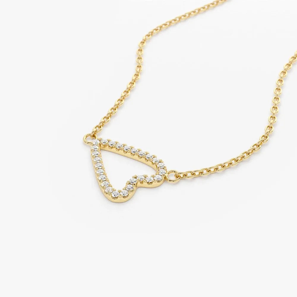 14K Solid Gold Round Diamond Micro Pave Sideways Heart Pendant Necklace 0.15ctw