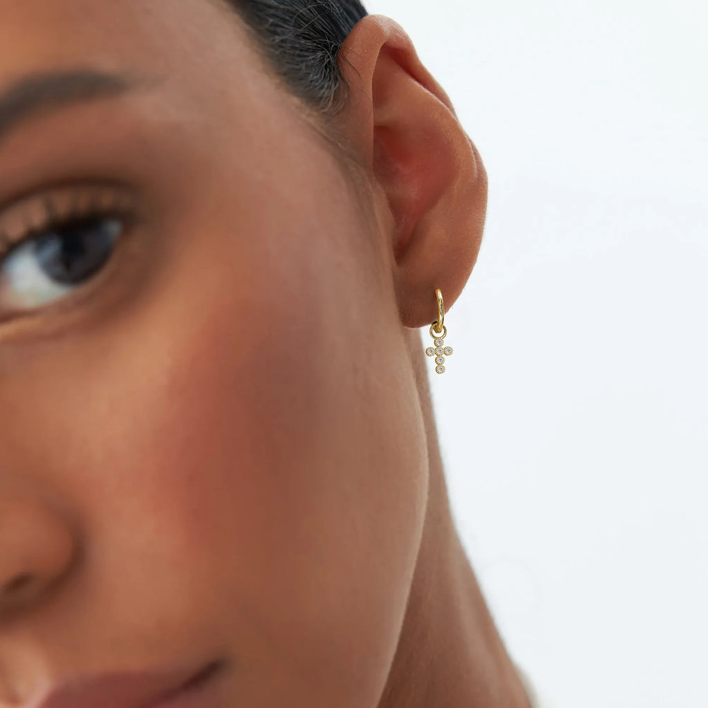 14k Gold Diamond Cross Hoop Earring Charm 0.05 ctw