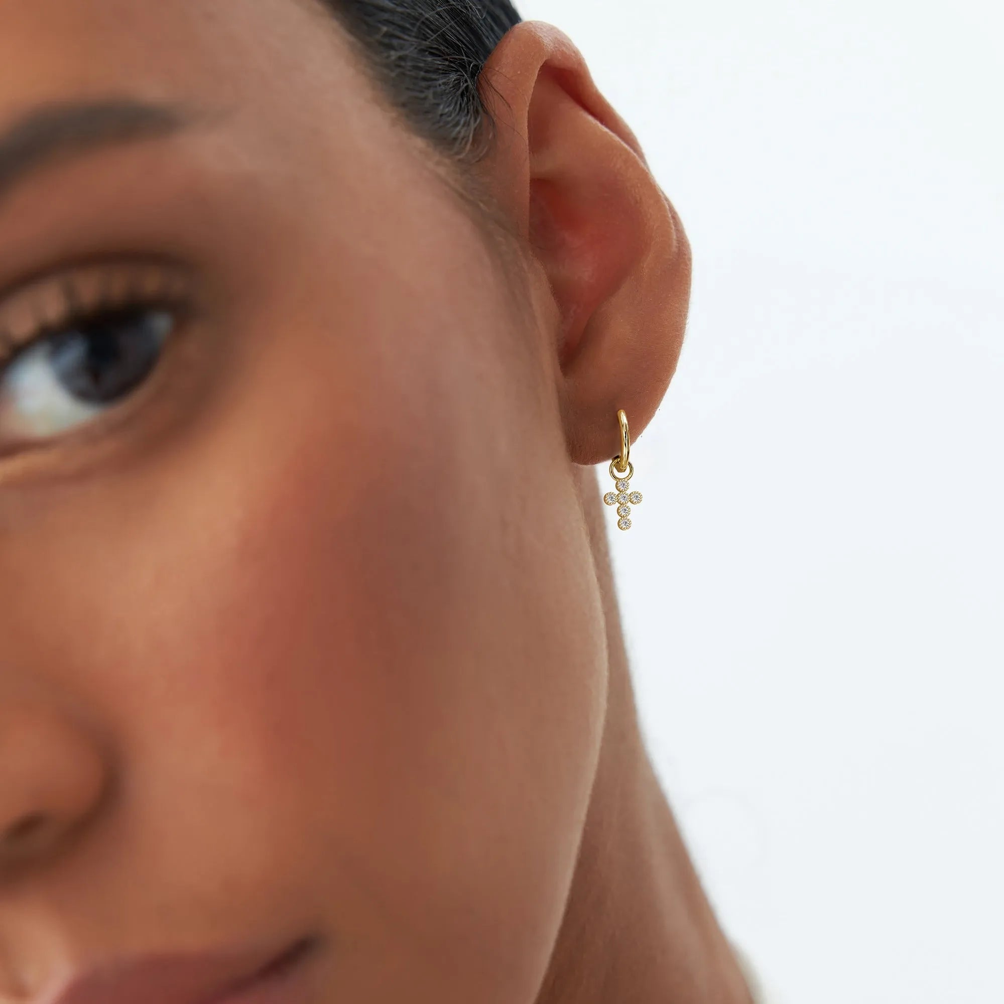 14k Gold Diamond Cross Hoop Earring Charm 0.05 ctw