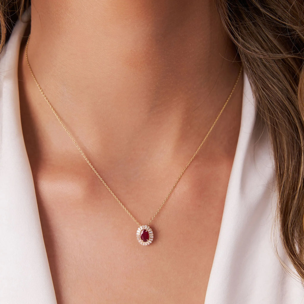 14k Solid Gold Ruby and Diamond Oval Baguette Halo Necklace 0.75 Carat Prong Setting