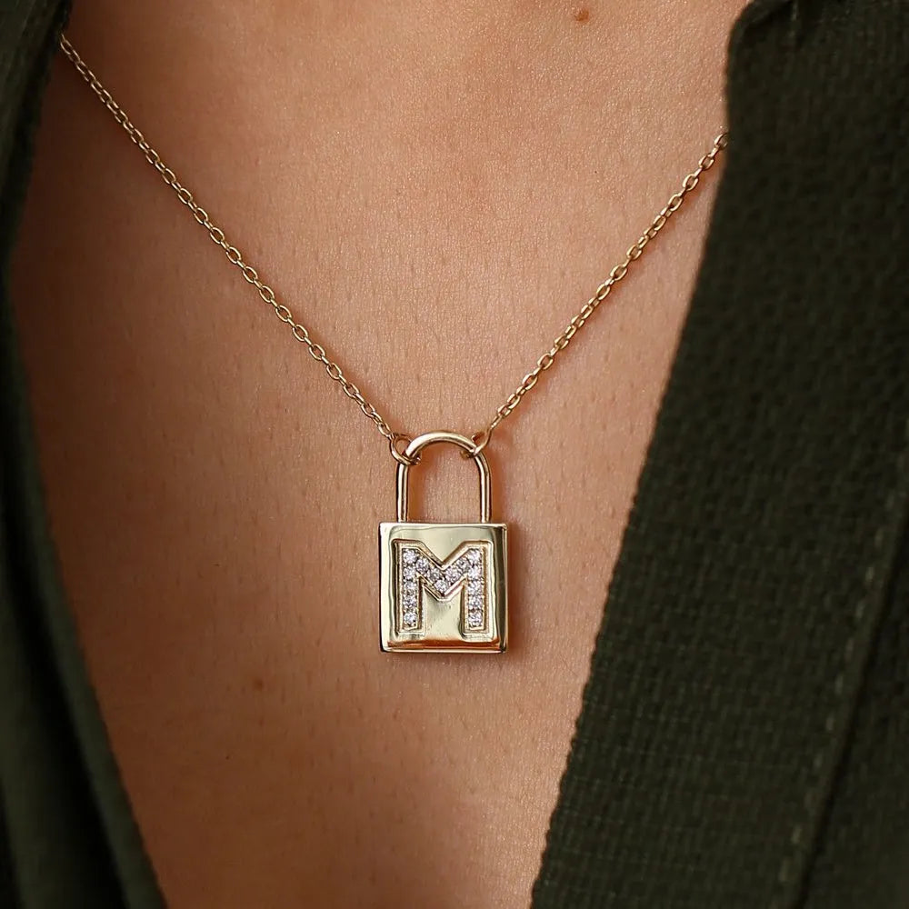 14K Solid Gold Round Diamond Micro Pave Padlock Initial Pendant Necklace 0.12ctw