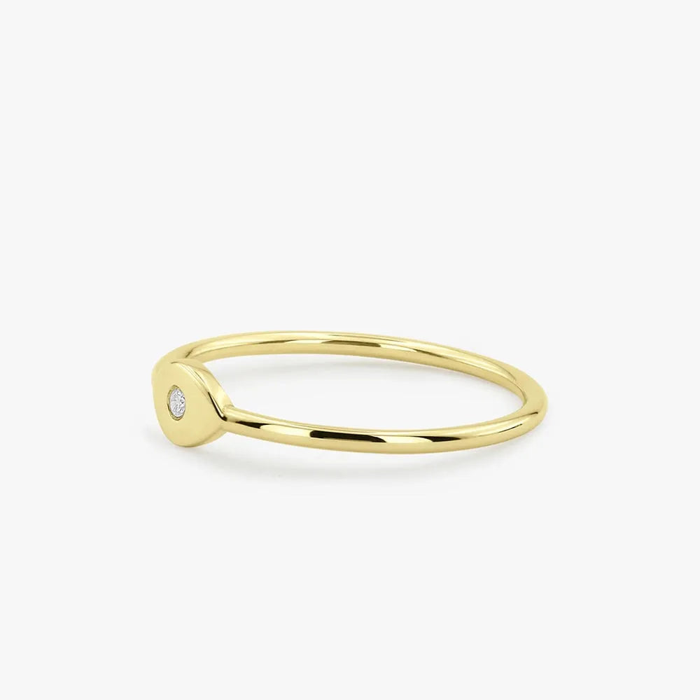 14K Solid Gold Round Diamond Evil Eye Ring Burnish Setting