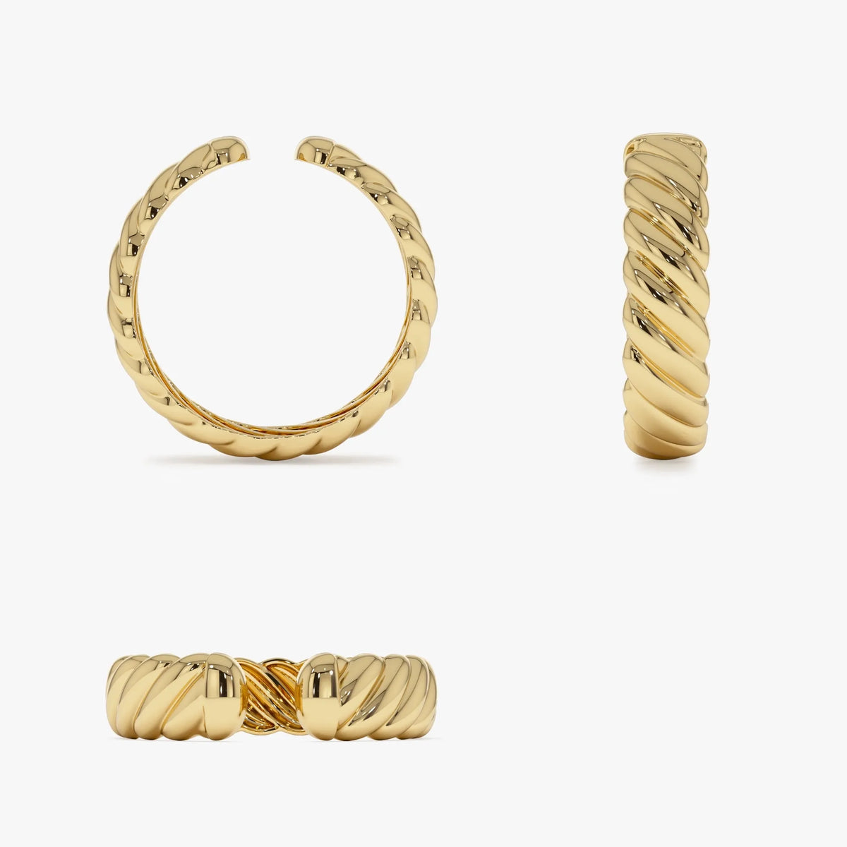 14k Solid Gold 5mm Rope Textured Open Cuff Band Ring