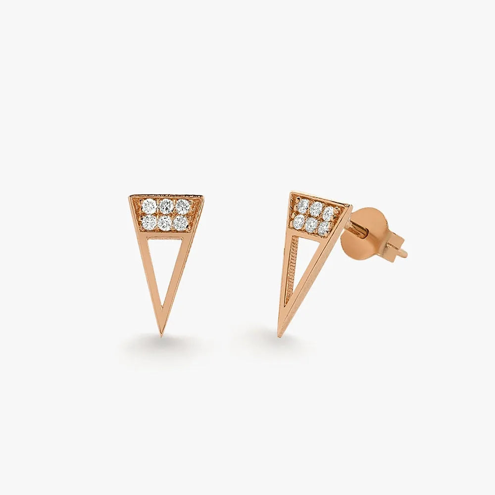 14k Gold Diamond Round Cut Elongated Triangle Stud Earrings Micro Pave 0.14 ctw
