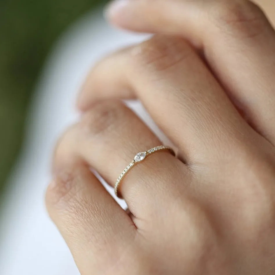 14k Gold Marquise Round Diamond Stackable Ring Micro Pave 0.21ctw