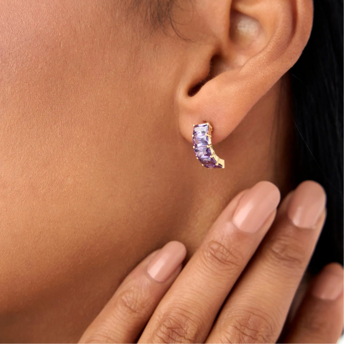 14K Solid Gold Octagon Cut Amethyst Half Hoop Earrings 2.80ctw