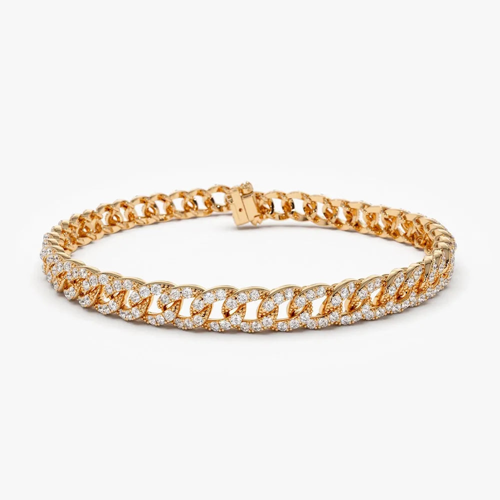 14K Solid Gold Round Diamond 4.8MM Cuban Link Micro-Pave Bracelet