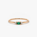 14K Gold Oval Emerald and Round Diamond Three Stone Ring 0.10 CTW Handcrafted Jewelry
