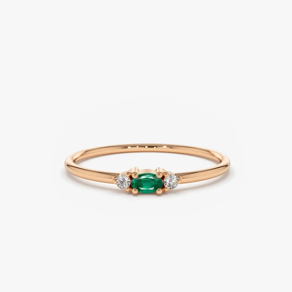 14K Gold Oval Emerald and Round Diamond Three Stone Ring 0.10 CTW Handcrafted Jewelry