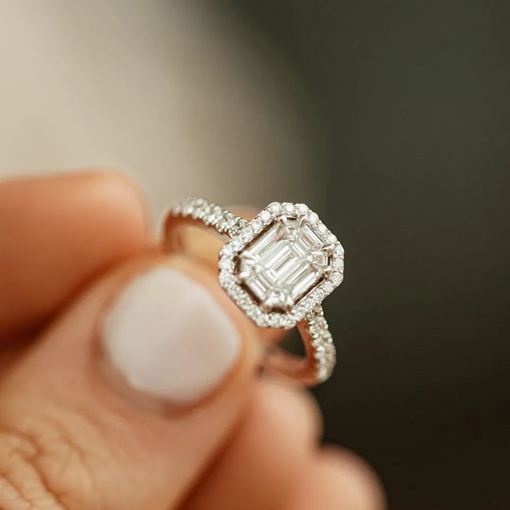 14k Gold 0.55 CTW Diamond Emerald Cut Illusion Halo Engagement Ring with Invisible Claw Setting