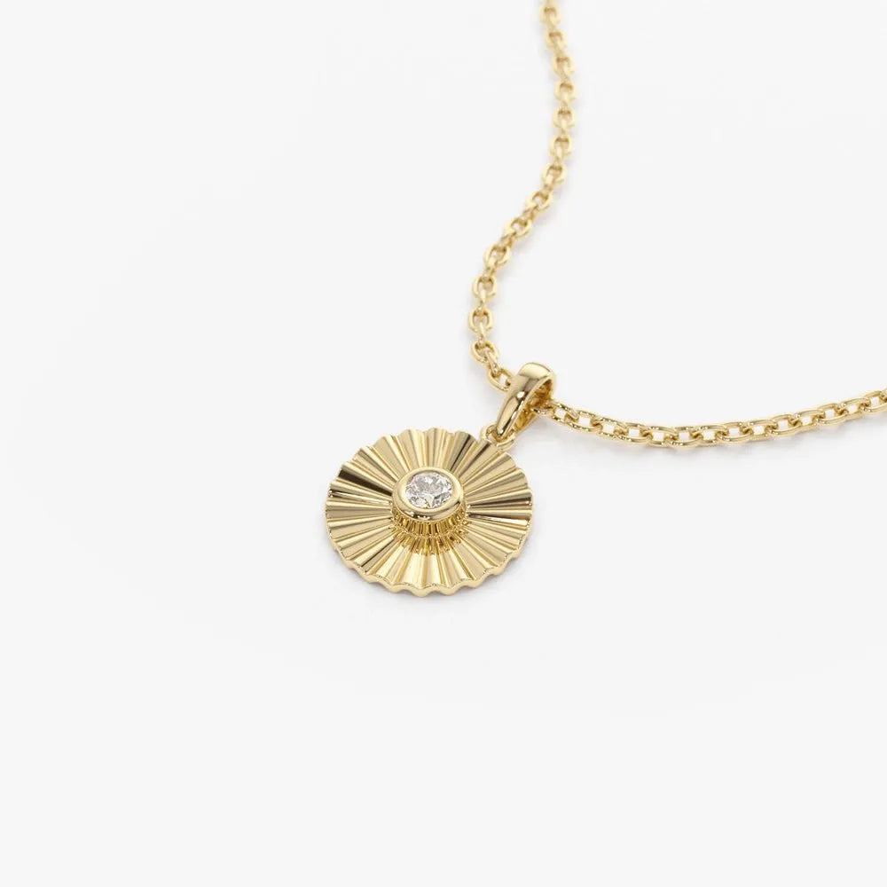 14K Solid Gold Round Diamond Disc Ray Pendant Necklace 10mm 0.07ctw