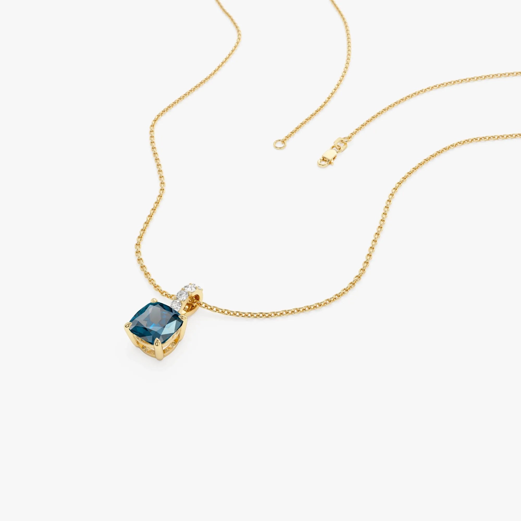 14k Solid Gold London Blue Topaz and Diamond Cushion Cut Pendant Necklace 1.07 Carat