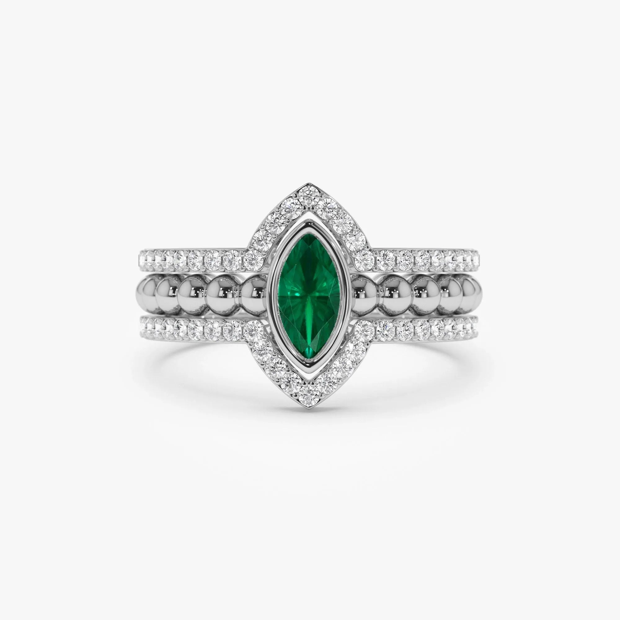 14K Solid Gold Marquise Emerald and Round Diamond Nesting Band Ring 0.70 CTW
