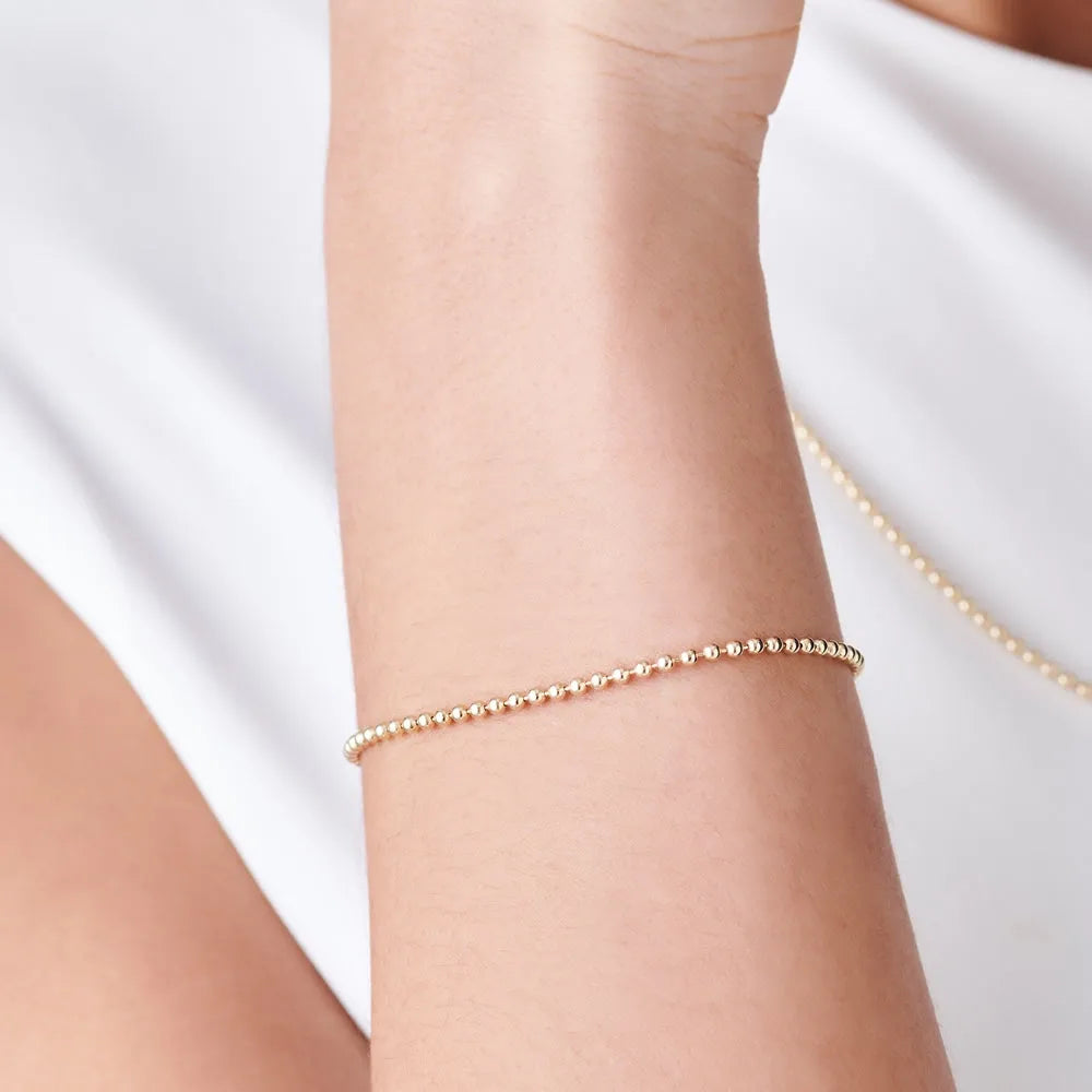 14k Solid Gold 2mm Beaded Ball Chain Bracelet