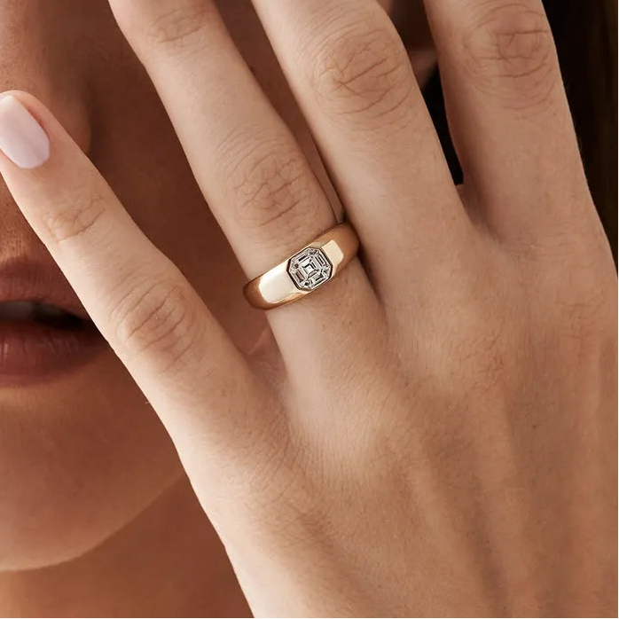 14k Solid Gold 0.40 Carat Diamond Asscher Cut Illusion Mosaic Solitaire Pinky Ring Invisible Bezel Setting