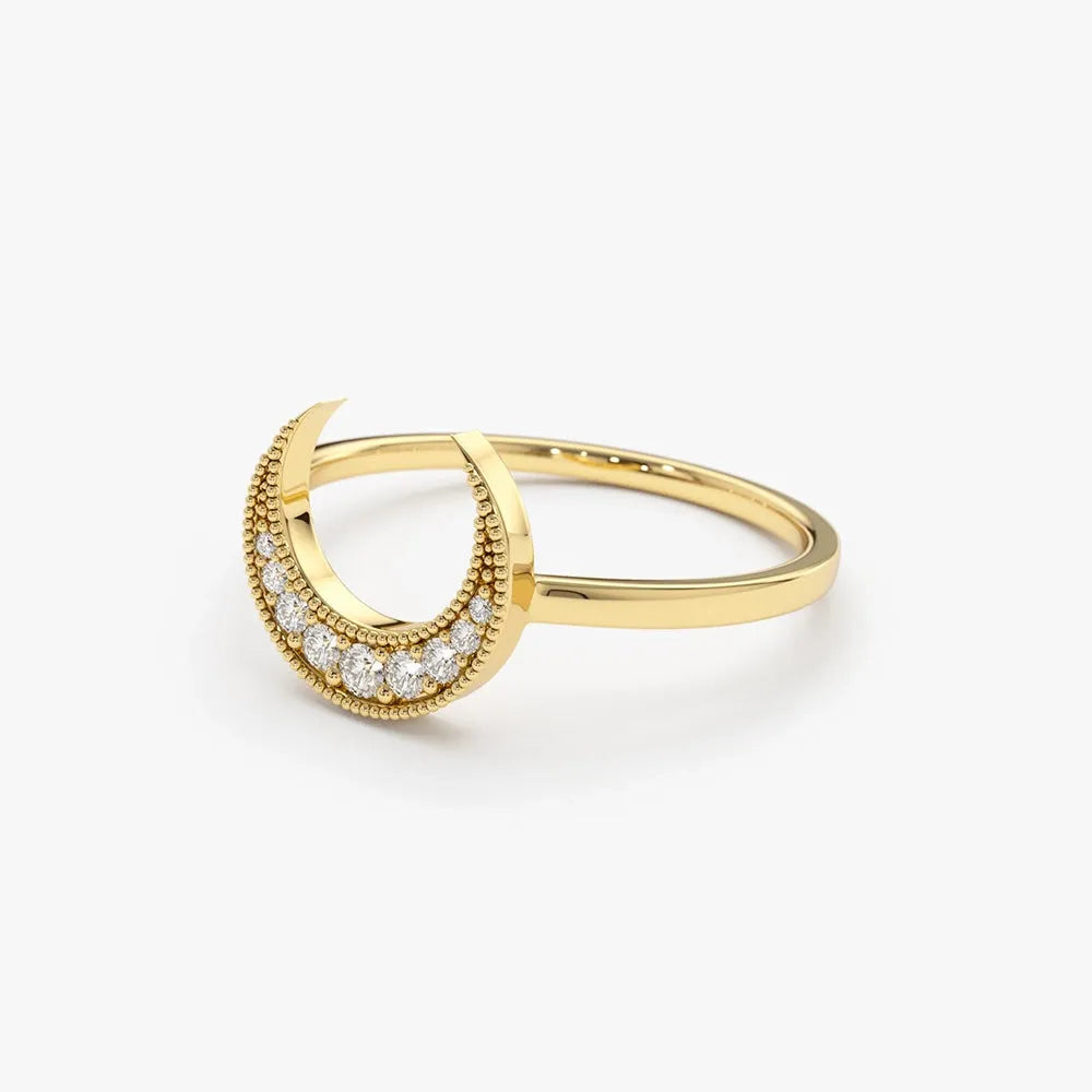 14K Gold 0.12ctw Round Diamond Crescent Moon Micro Pave Ring