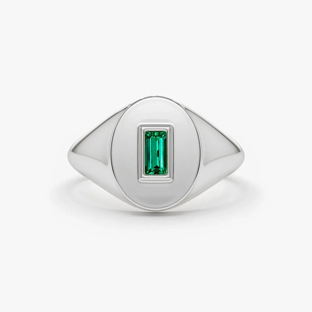 14K Solid Gold Baguette Emerald Bezel Set Signet Ring 0.15 CTW Handcrafted Jewelry