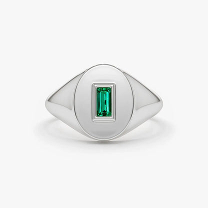 14K Solid Gold Baguette Emerald Bezel Set Signet Ring 0.15 CTW Handcrafted Jewelry