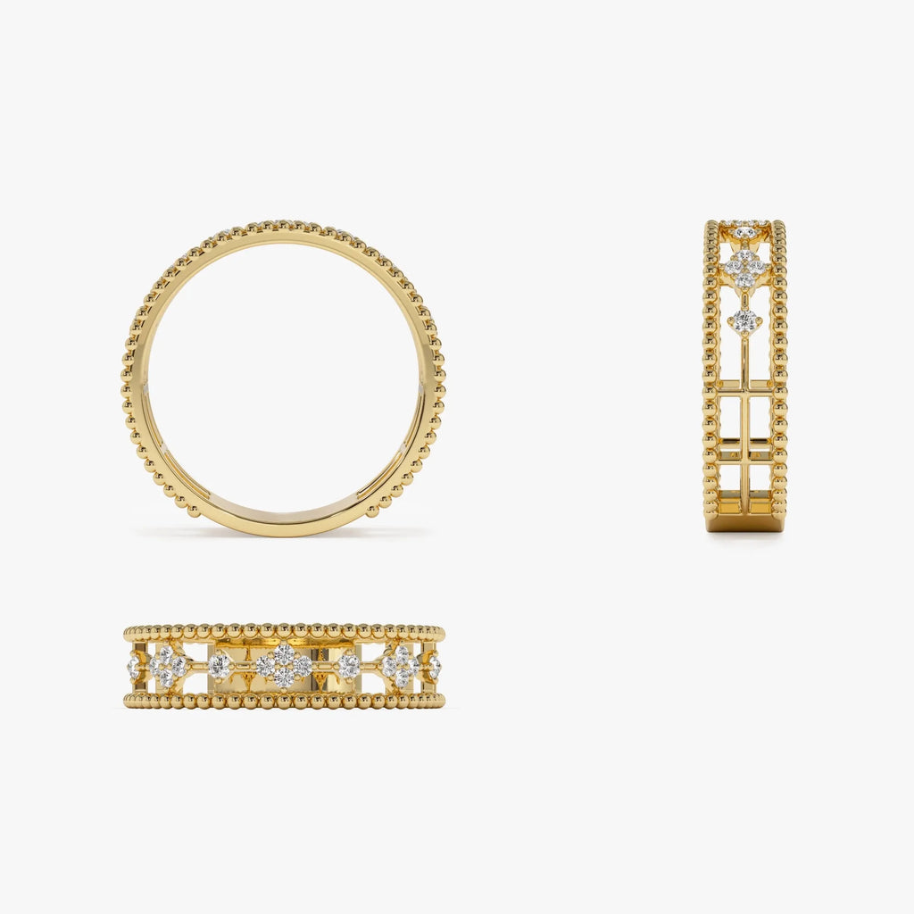 14K Solid Gold Round Diamond 0.15 Carat Beaded Band Statement Ring