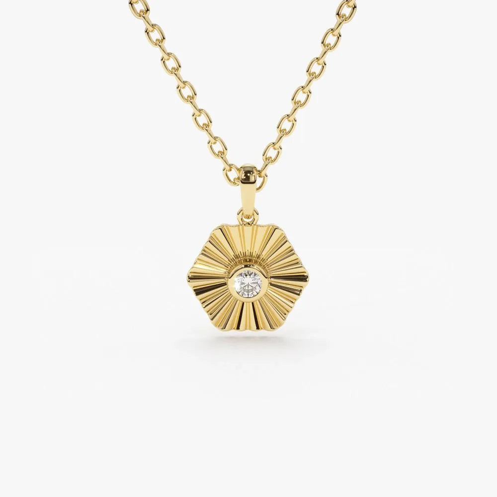 14K Solid Gold Round Diamond Hexagon Disc Ray Pendant Necklace 0.07ctw
