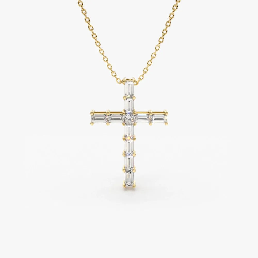 14K Solid Gold Baguette and Princess Cut Diamond Cross Pendant Necklace 0.38ctw