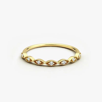 14k Gold Round Diamond Art Deco Wedding Band 0.07ctw Seven Stone Prong Setting