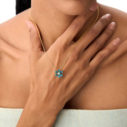 14k Solid Gold London Blue Topaz and Diamond Pear and Round Flower Necklace 1.35 Carat