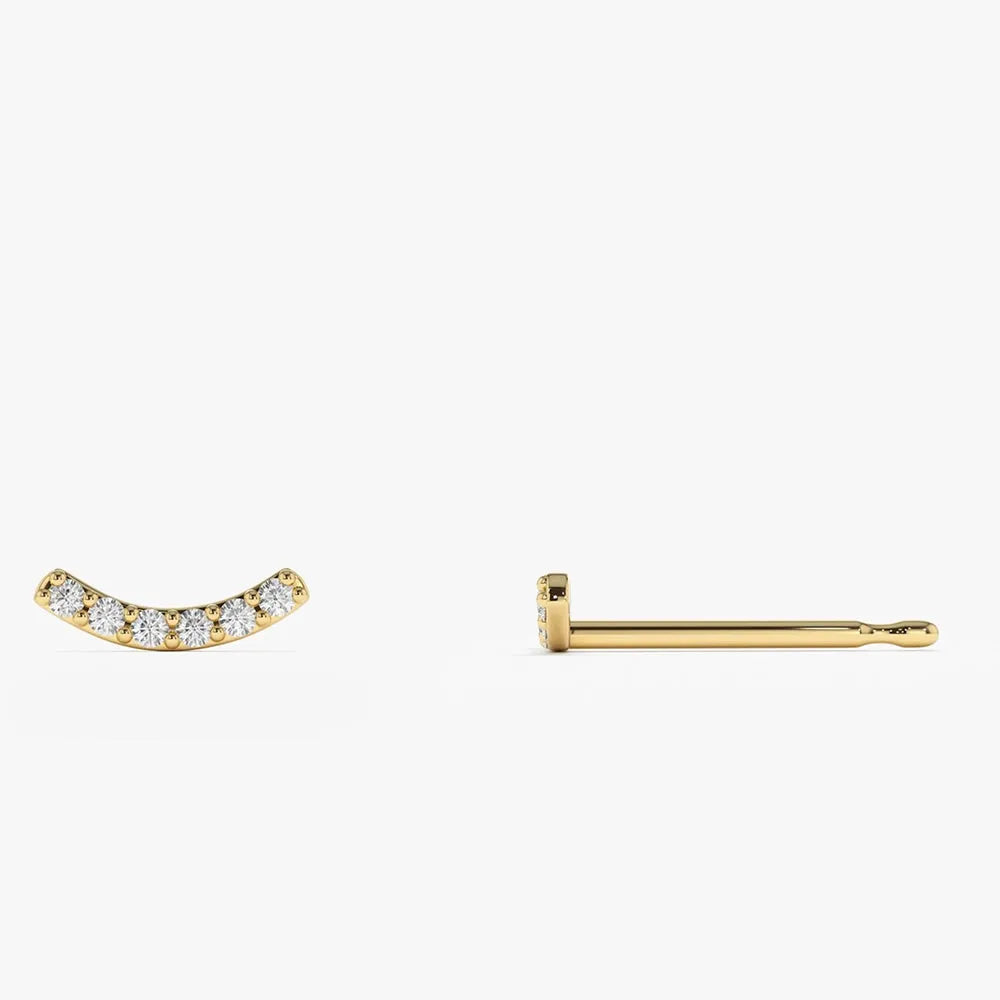 14k Gold Diamond Round Cut Curved Bar Stud Earrings Micro Pave 0.10 ctw