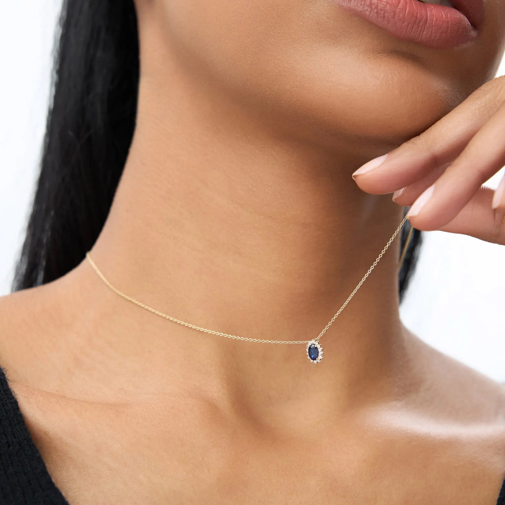 14k Solid Gold Sapphire and Diamond Oval Halo Necklace 0.35 Carat