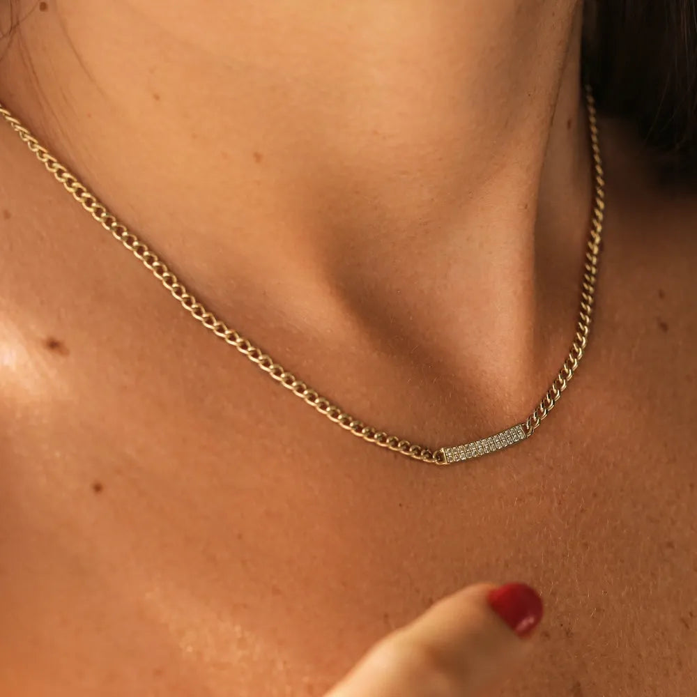 14K Solid Gold Round Diamond Pave Curb Link Bar Necklace 0.30ctw
