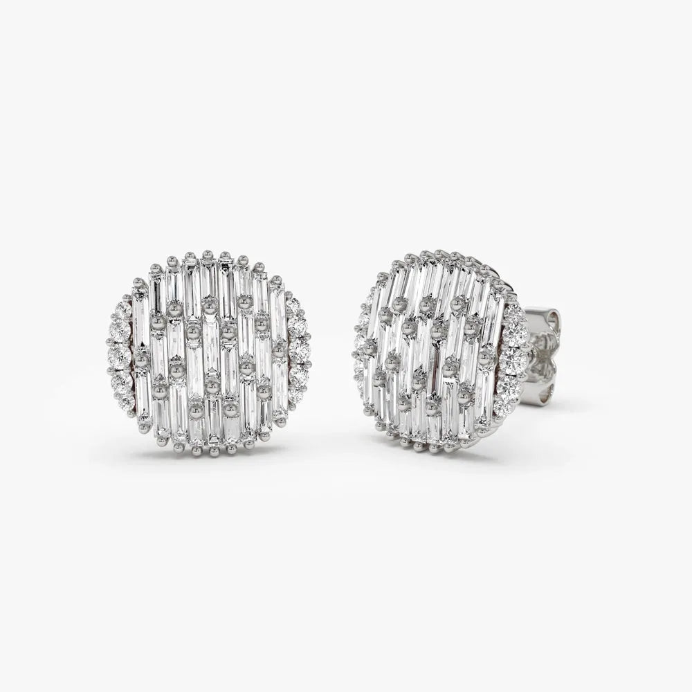 14k Gold Diamond Baguette and Round Needle Cut Statement Earrings 1.23 ctw