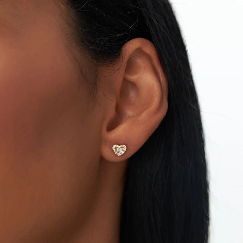 14k Gold Diamond Round and Baguette Cut Heart Stud Earrings 0.28 ctw