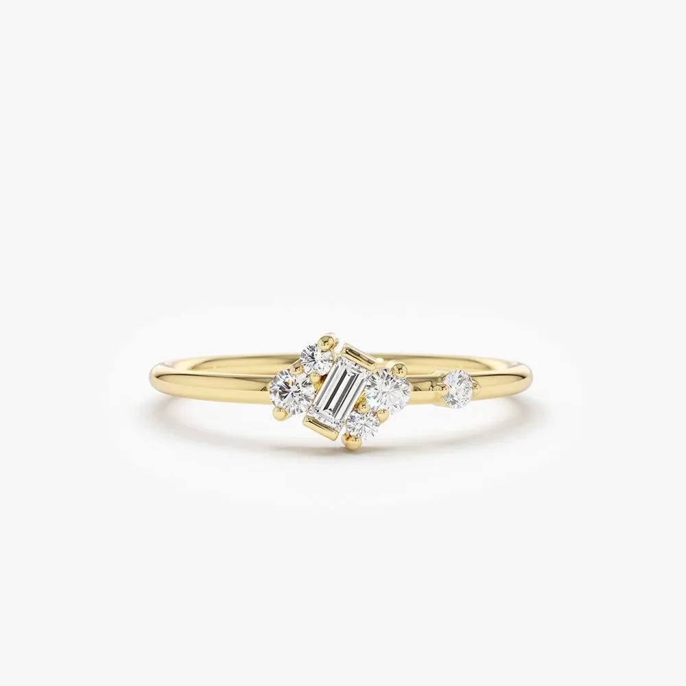 14K Solid Gold 0.15 Ctw Slanted Baguette and Round Diamond Asymmetrical Ring