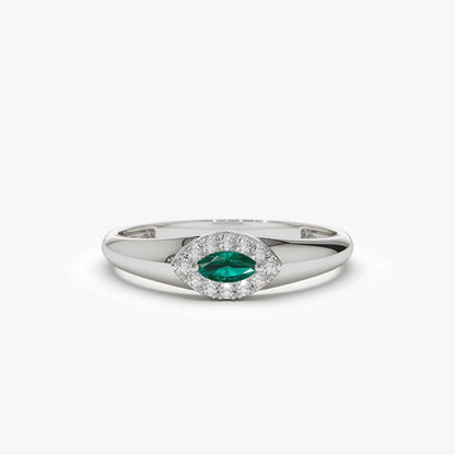 14K Gold Marquise Emerald and Round Diamond Halo Ring 0.17 CTW Handcrafted Jewelry