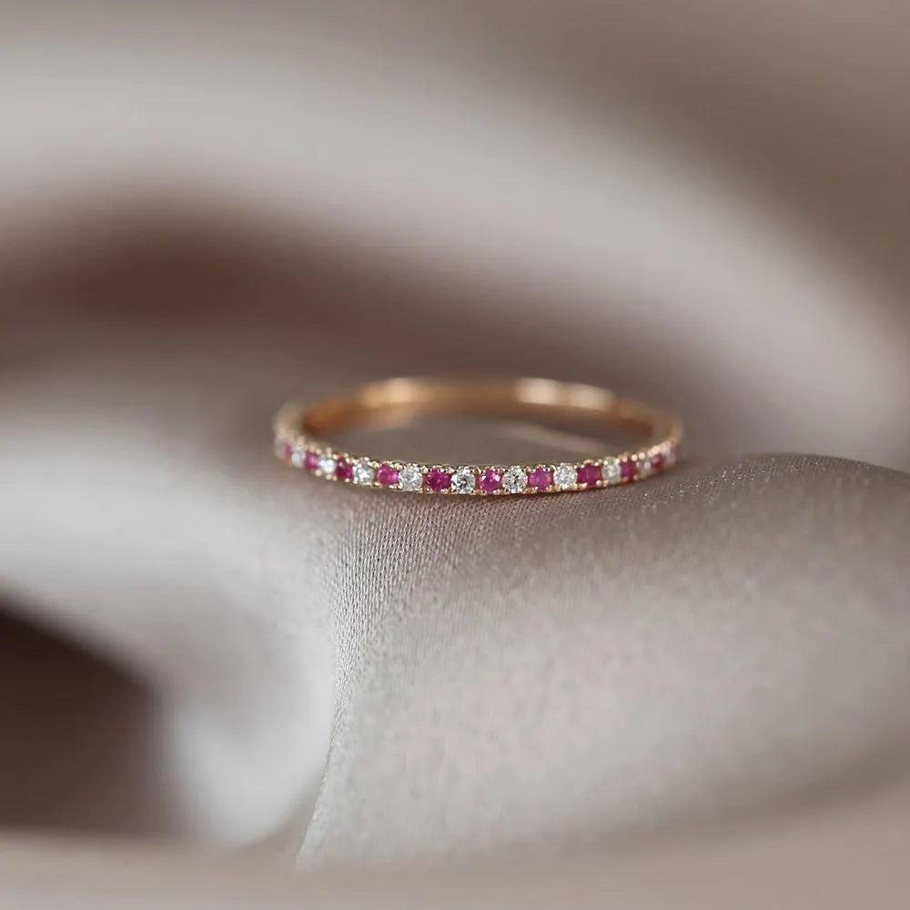 14k Gold Ruby and Diamond Round Cut Alternating Eternity Ring 0.38 ctw