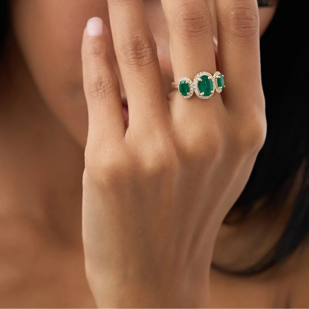 14K Solid Gold Oval Emerald and Round Diamond Three Stone Engagement Ring 2.30 CTW