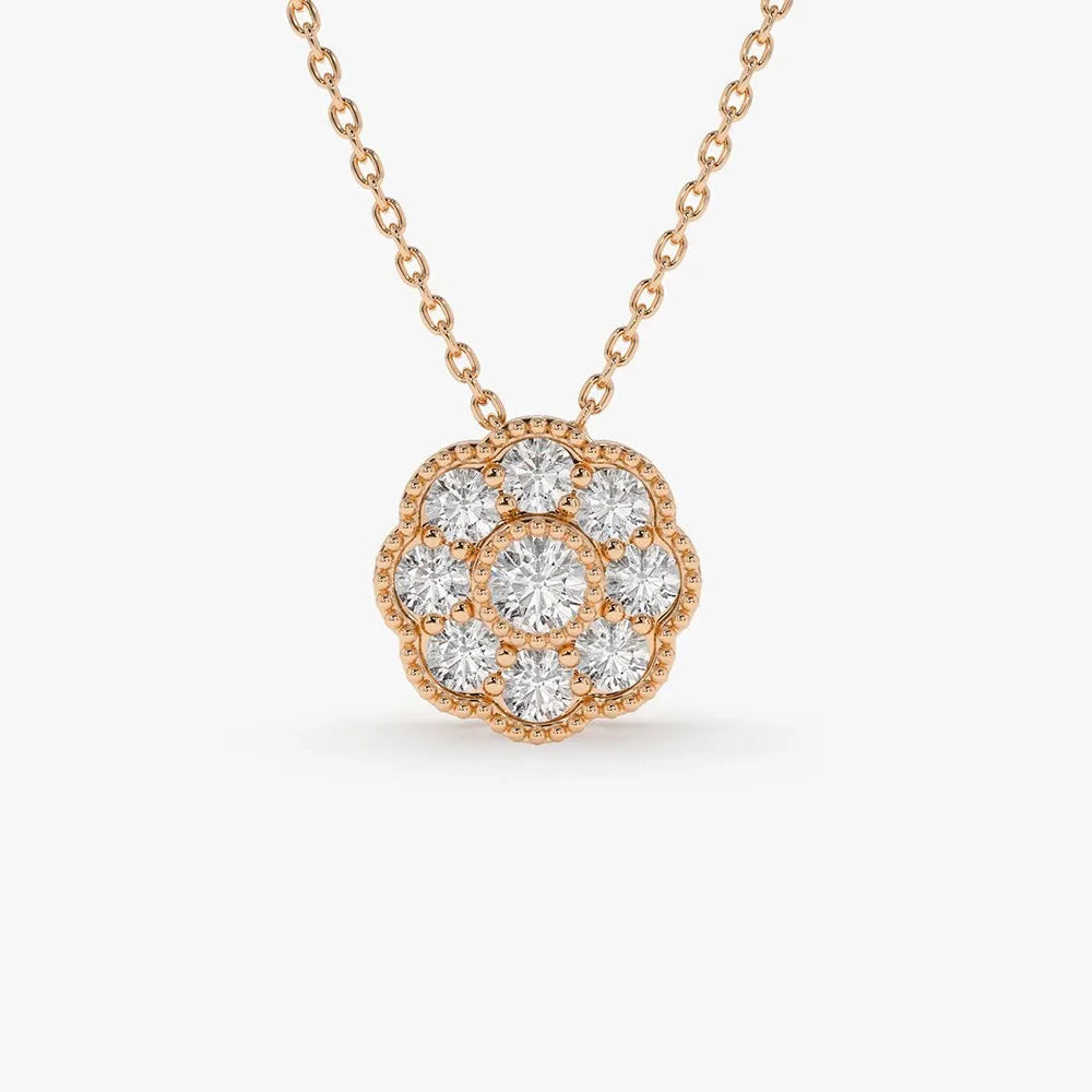 14K Solid Gold Round Diamond Floral Pendant Necklace 0.35ctw