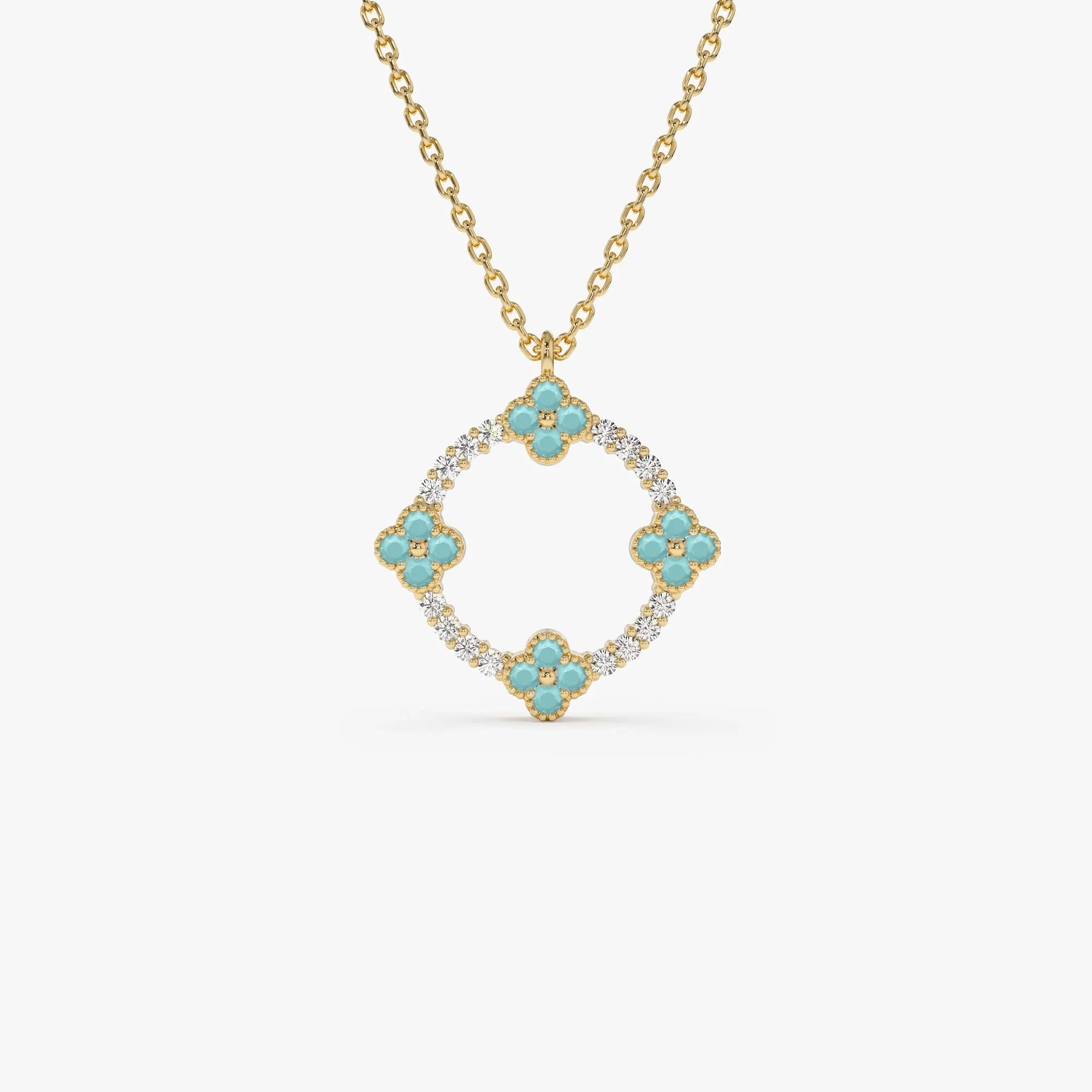 14k Solid Gold Turquoise and Diamond Round Clover Necklace 0.33 Carat